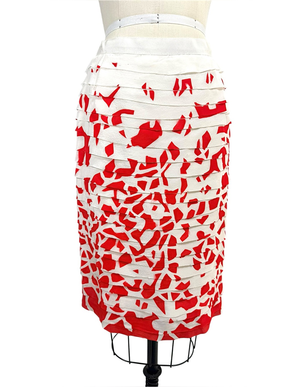 Oscar de la Renta Silk Layered Pencil Skirt Ivory Red